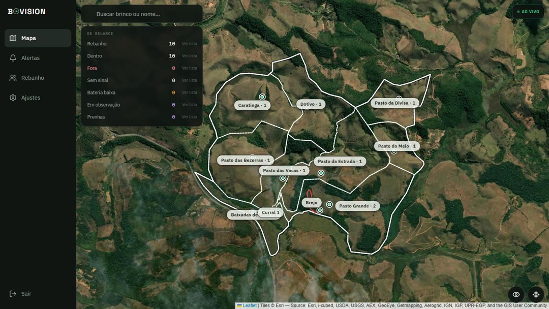 Mapa de satélite da fazenda Demo no BOVISION, com o limite e os piquetes desenhados